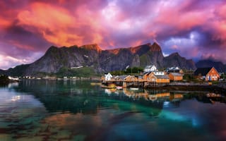 Картинка небо, фьорд, горы, посёлок, Норвегия, облака