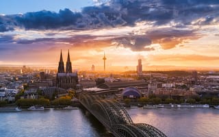 Картинка Германия, мост, небо, облака, Кёльнский собор, Кёльн, река, город