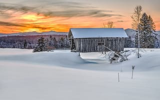 Картинка зима, закат, дом