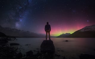 Картинка Млечный путь, звезды, Новая Зеландия, камни, горы, человек, пейзаж, размышления