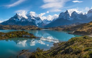 Картинка Южная Америка, мостик, Чили, Патагония, озеро, остров, горы Анды, дома