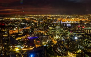 Картинка ночь, панорама, Мельбурн, город, река, вид сверху, здания, дома, Melbourne, Австралия, огни, мосты