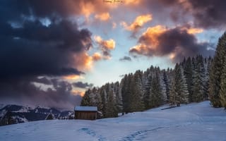 Картинка Альпы, домик, горы, облака, небо, зима, лес, снег