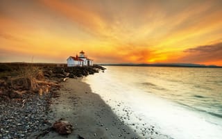 Картинка маяк, море, закат, берег