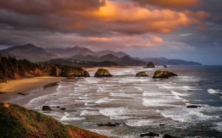 Картинка Национальный парк Экола, горы, Орегон, небо, тучи, пейзаж, скалы, США, море