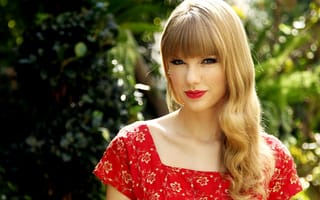 Картинка Taylor Swift, певица, красное, помада, солнечно, платье, портрет