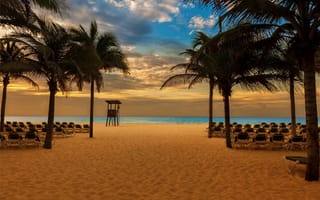 Картинка sunset, песок, sea, beach, shore, море, пальмы, sand, закат, пляж, tropical, paradise, берег