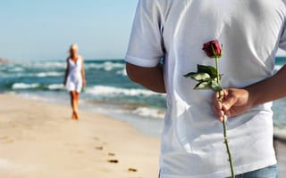 Картинка happy, romantic, people, море, пара, любовь, couple, пляж, песок, love, rose