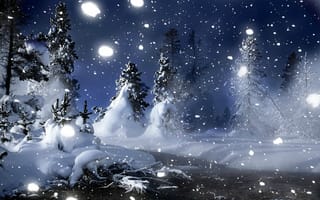 Обои зима, снег, снежинки, деревья, ночь, сугробы, ручей, лес, снегопад