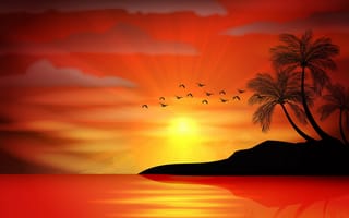 Обои vector, tropical, sea, sunset, закат, пальмы, paradise, силуэт, море, остров, palms, island