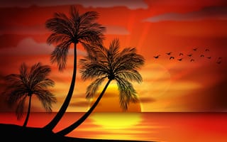 Картинка vector, море, закат, palms, силуэт, tropical, остров, island, sunset, paradise, sea, пальмы