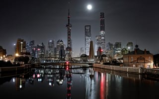 Картинка Китай, город, ночь, Шанхай, мост, огни
