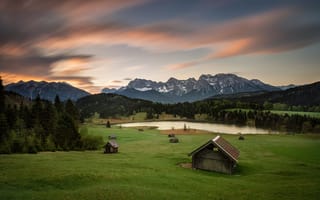 Картинка Германия, домики, лето, утро, Альпы, луга, Бавария, горы