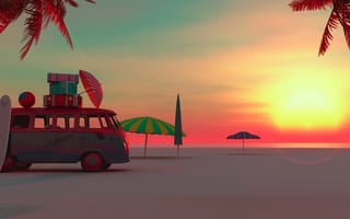 Картинка пляж, закат, отдых, автобус, зонт, отпуск, доски