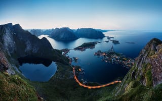 Картинка Норвегия, огни, Лофотенские острова, горы, вечер, фьорды