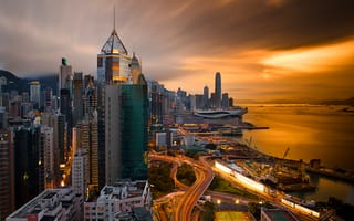 Картинка Китай, Hong Kong, КНР, выдержка, Гонконг, небо, порт, вечер