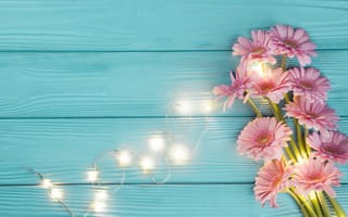 Картинка голубой, букет, розовые, композиция, beautiful, герберы, flowers