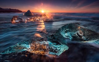 Картинка Исландия, солнце, лёд, свет, ледниковая лагуна Йёкюльсаурлоун