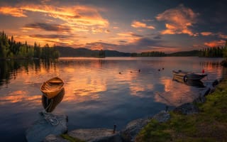 Картинка небо, Norway, Ringerike, лодки, закат, Ole Henrik Skjelstad, Норвегия, озеро