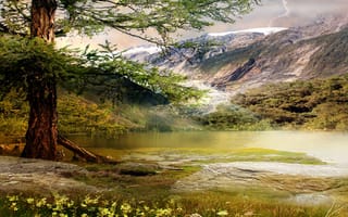 Картинка природа, озеро, цветы, горы, дерево