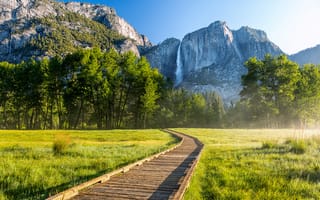 Картинка Yosemite National Park, лес, Калифорния, деревья, водопад, горы, дорожка, США