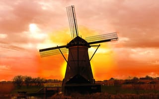 Картинка Нидерланды, мельница, рассвет, речка, мост