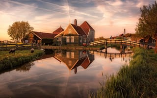 Картинка Netherlands, дома, мост, река
