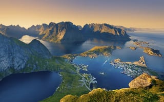 Картинка Лофотенские острова, горы, поселок, море, дома, Норвегия