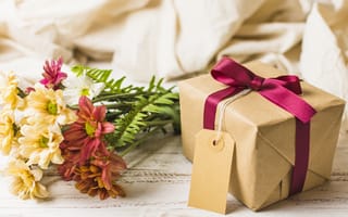 Картинка цветы, подарок, хризантемы, colorful, букет, gift box, flowers
