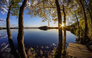 Картинка озеро, рассвет, деревья, восход