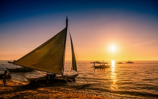 Картинка Boracay, закат, Боракай, море, Филиппины, лодки, paraw, Philippines