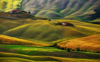 Картинка Италия, поля, Тоскана, дома, амбары, холмы