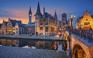 Картинка Гент, река, ночь, мост, огни, Фландрия, дома, Бельгия