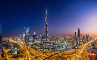Картинка ОАЭ, огни, город, Дубай, Dubai, вечер, башня Бурдж-Халифа