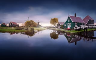 Картинка небо, канал, Нидерланды, домик, мостик, вода, отражения