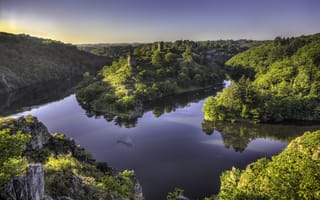 Обои Crozant, лес, Франция, France, Sedelle river, река Крёз, Creuse river, Крозан, панорама, реки, река Седель