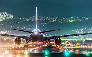 Картинка Япония, аэропорт, ночь, самолёт, огни, Осака