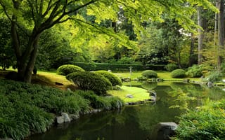 Картинка Nitobe Garden, парк, камни, трава, зелень, кусты, Канада, фонарь, деревья, Ванкувер, пруд