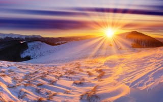 Обои солнце, горы, рассвет, снег, зима