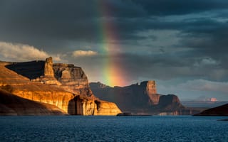 Картинка Padre Bay, Lake Powell, Arizona, радуга, горы, Аризона, озеро Пауэлл, озеро, водохранилище Пауэлл