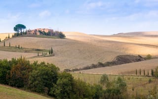 Картинка Тоскана, дома, небо, Италия, панорама, дорога, осень, деревья, холмы