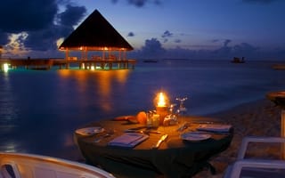 Картинка вечер, ocean, sunset, океан, romantic, романтика, dinner, view, beach, пляж, ужин