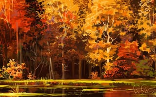 Обои осень, лес, озеро, арт, деревья
