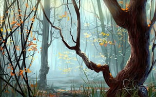 Картинка лес, трава, деревья, арт, осень