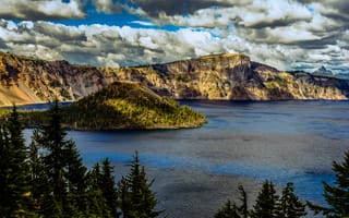 Картинка облака, США, Oregon, скалы, озеро, кратер, Crater Lake National Park, деревья