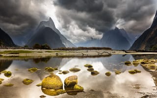 Обои Новая Зеландия, небо, тучи, озеро, пейзаж, горы, камни