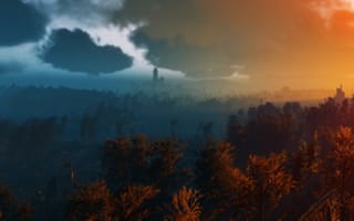 Картинка Панорама, деревья, солнце, лес, закат