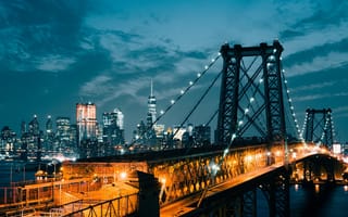 Картинка свет, мост, ночь, город, Нью - Йорк, огни, США