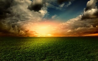 Картинка sunset, nature, небо, трава, landscape, поле, закат, sky