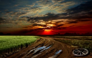 Картинка sunset, закат, грязь, поле, landscape, sky, трава, небо, дорога, nature
